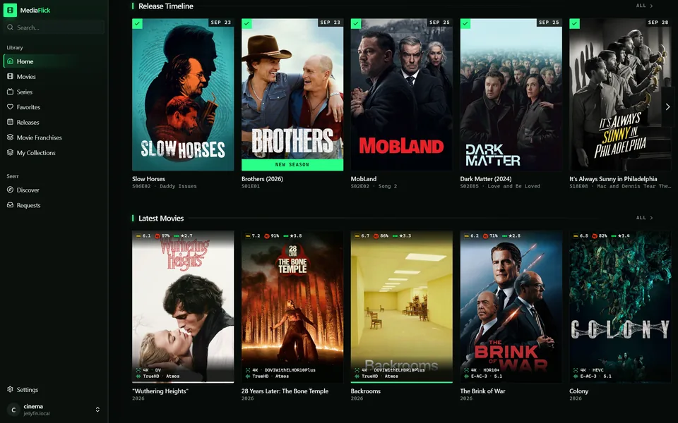 Release Timeline shelf on Home: recent releases marked downloaded, then upcoming ones